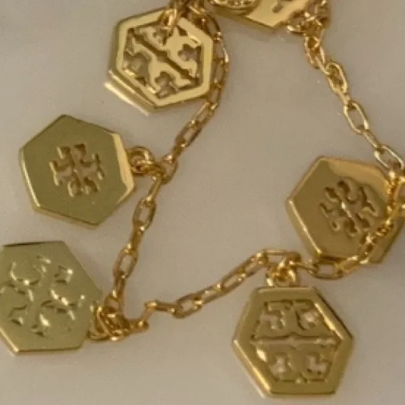 Tory Burch gold delicate hexagon logo charms bracelet - Picture 1 of 5
